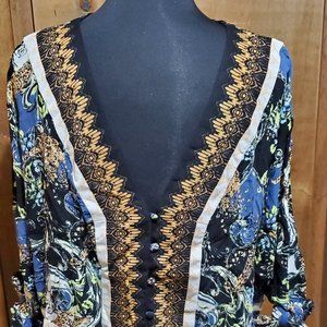 Women's Black Button Down Tie Sleeve Blouse